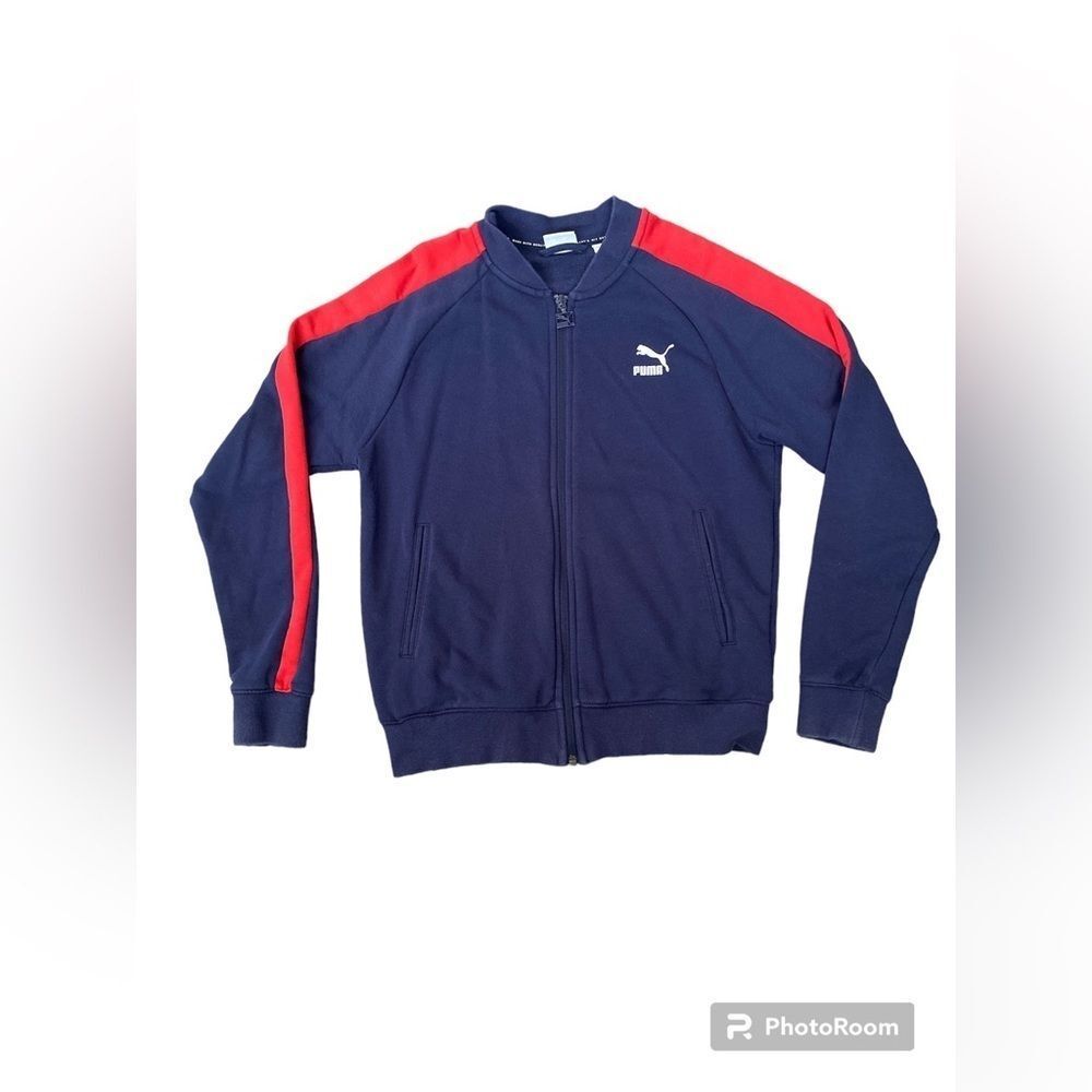 Puma Navy Bomber Jacket with Red Shoulder Stripes